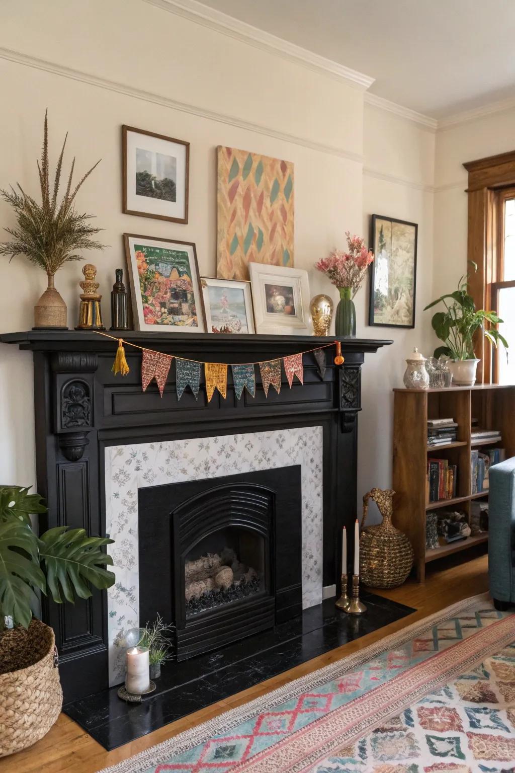Personalize your fireplace with an eclectic mix of decor on a black mantel.