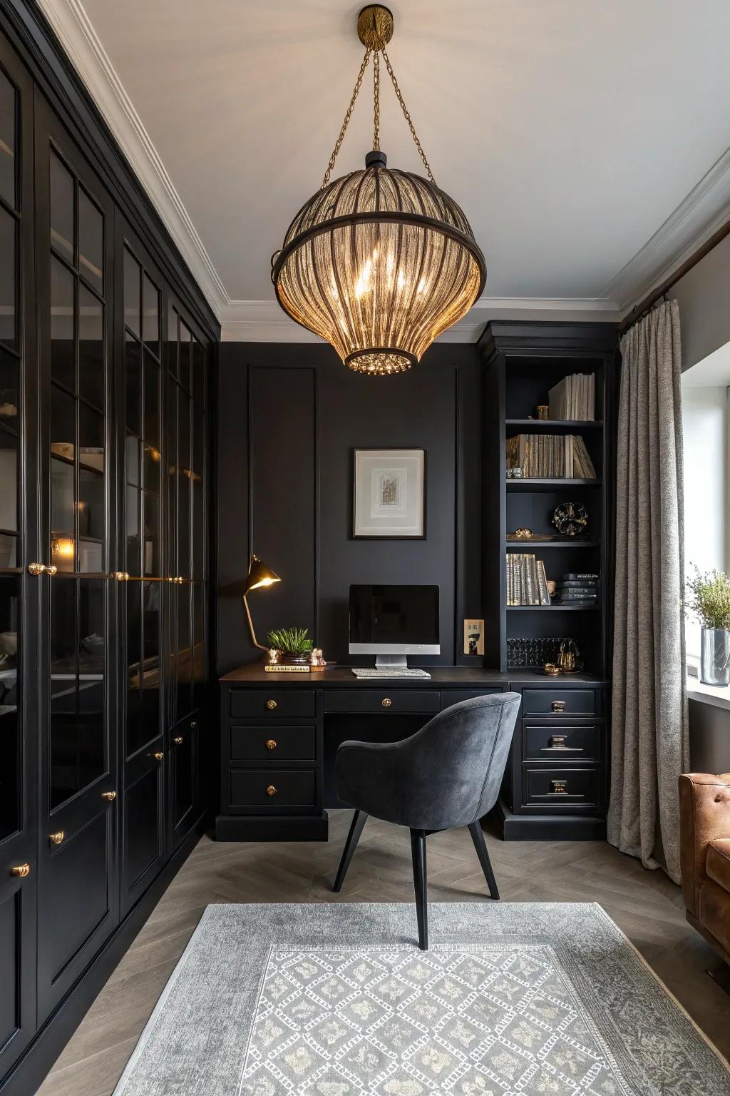 Unique lighting that adds drama and focus to the office.