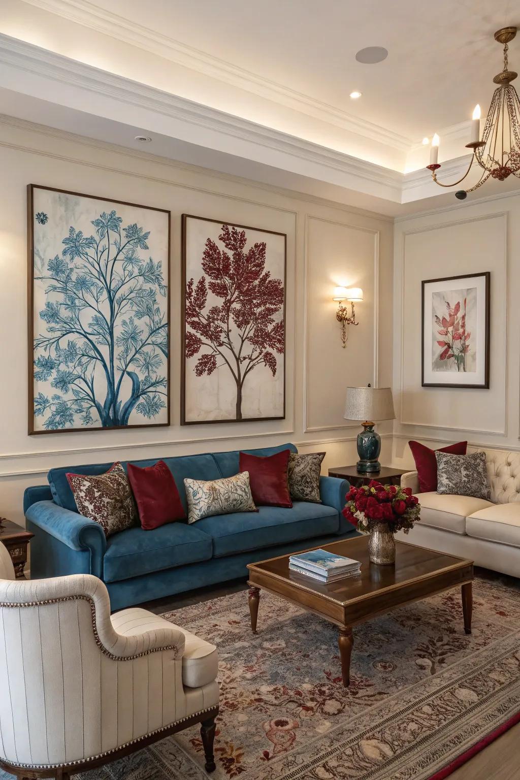 Artwork featuring cerulean and wine hues uniting the room beautifully.