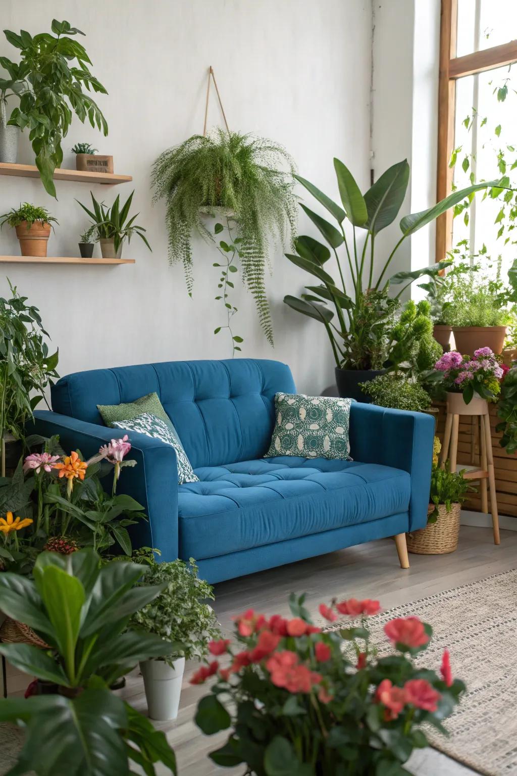 Greenery adds life and vibrancy to the living room setup.