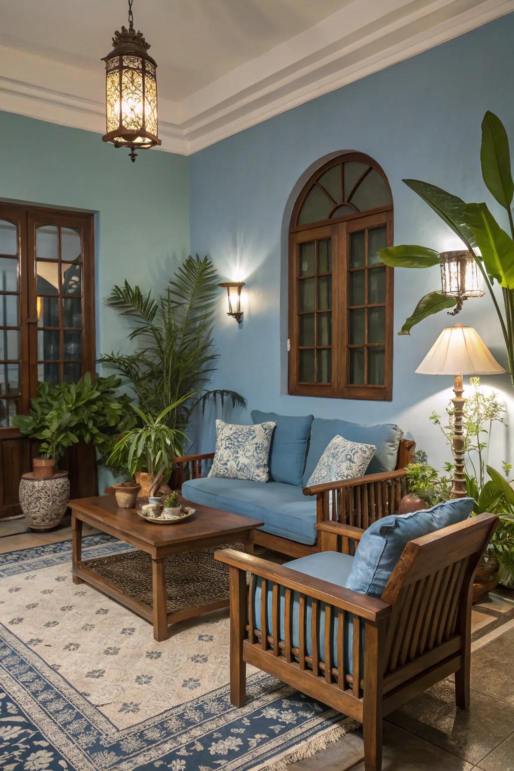 Natural elements complement the blue tones, crafting a warm and inviting atmosphere.