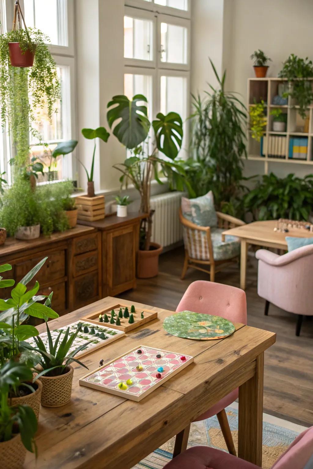 Nature-inspired decor adds a touch of serenity to your game room.