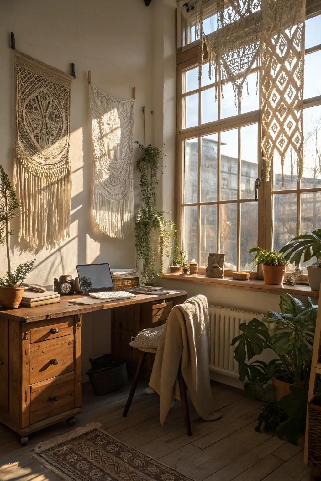 Macramé hangings introduce texture and a bohemian feel to the office.