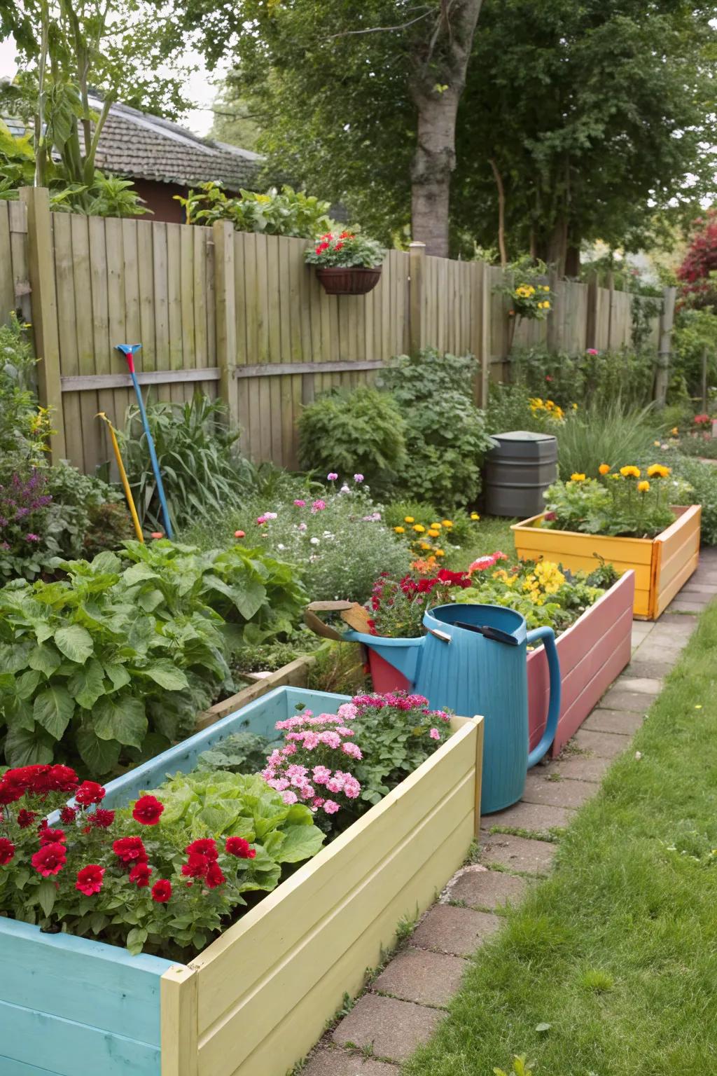 Containers and raised beds define this garden border.