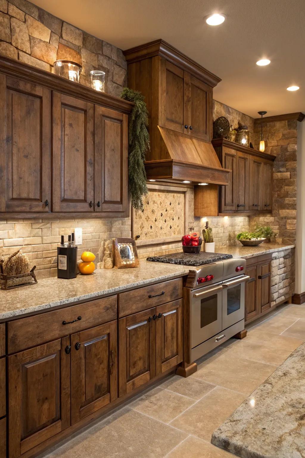 Merge timber and stone for an earthy kitchen design.