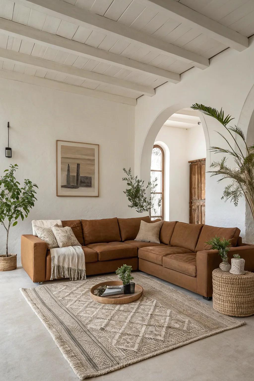 A minimalist approach highlights the form of a brown sectional sofa.