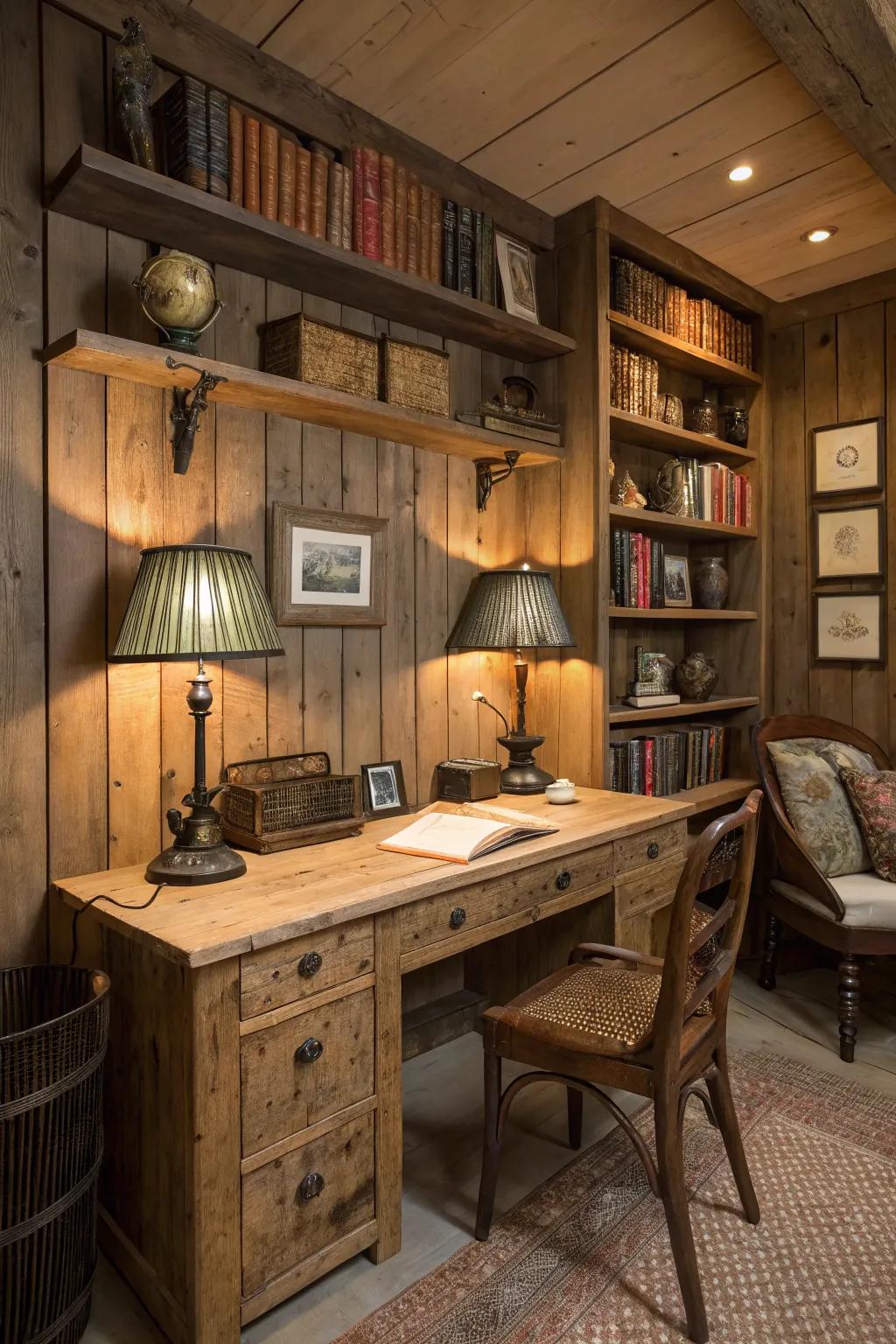 A rustic retreat with a warm and inviting built-in desk.