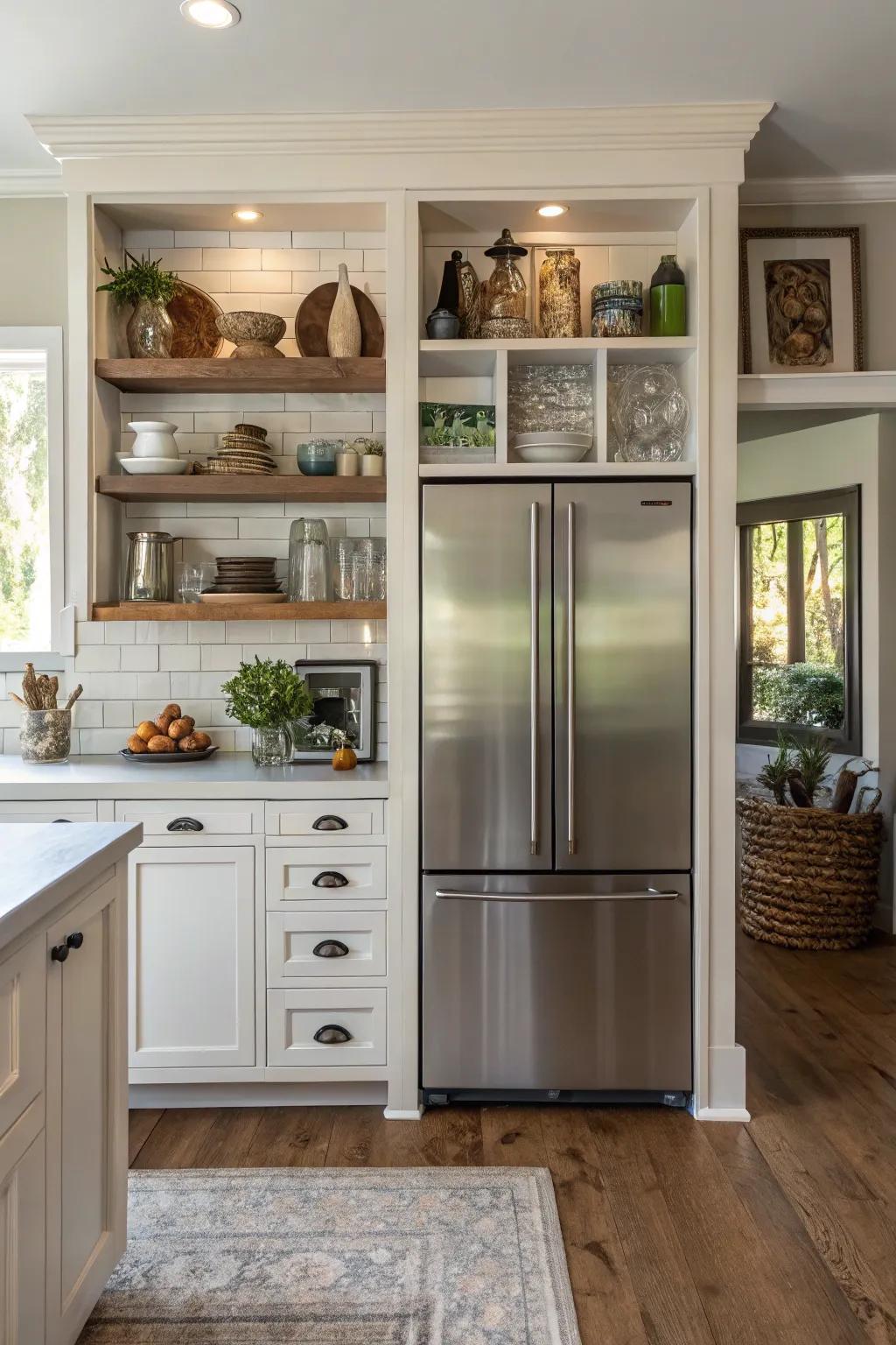Open shelving around the built-in fridge adds both storage and style.