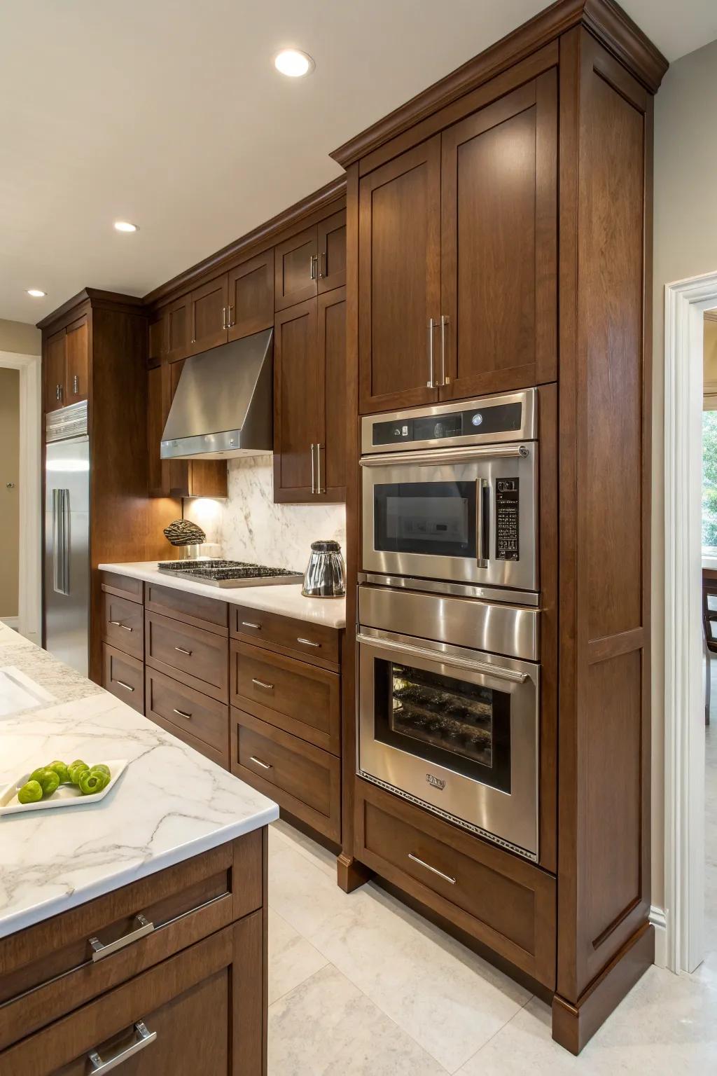 Elegant kitchen design featuring a microwave concealed behind bi-fold cabinet panels.