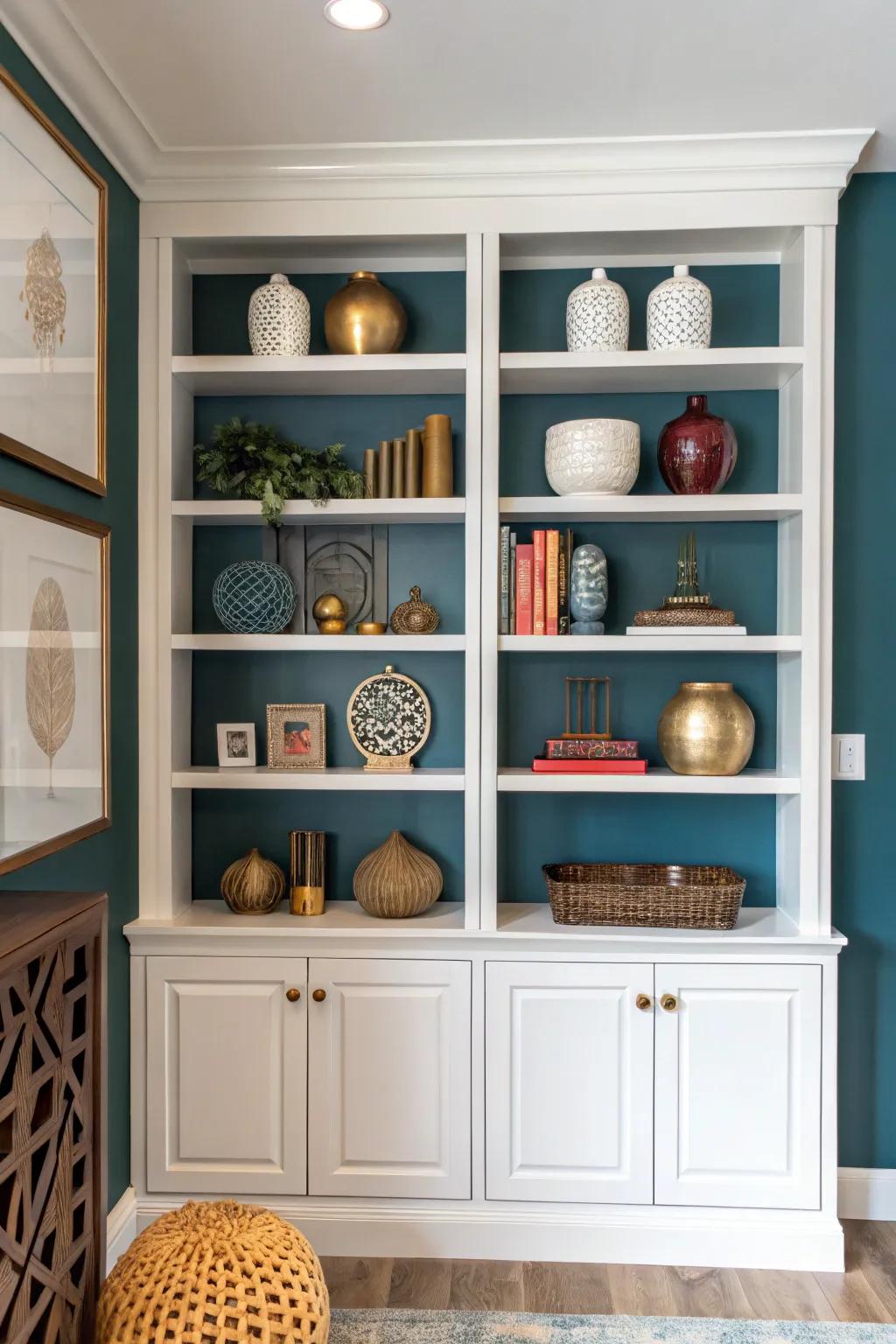 A contrasting background may make the items on built-in shelves stand out.