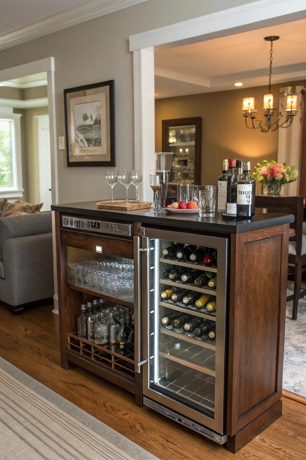 Create the ultimate entertaining space with a bar area featuring a beverage cooler.