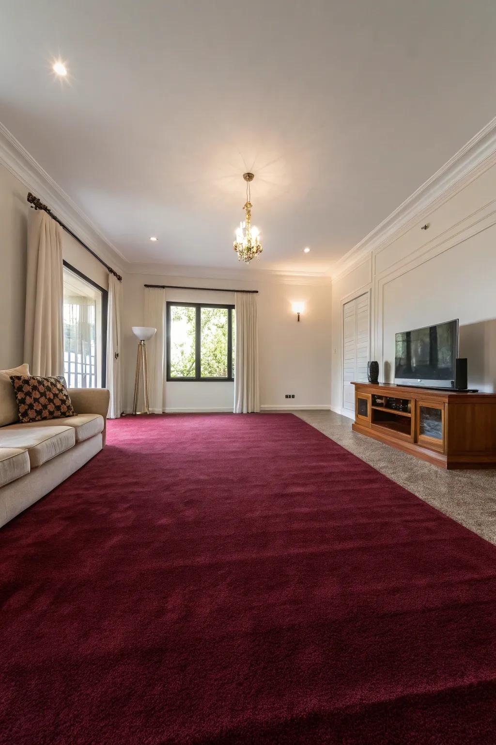 The maroon carpet shines in a minimalist setting.
