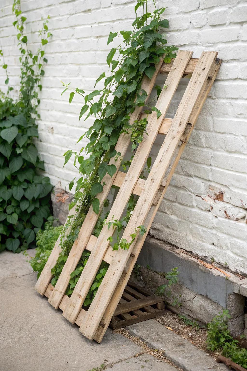 Transform your garden with a touch of minimalist elegance using a repurposed pallet trellis.