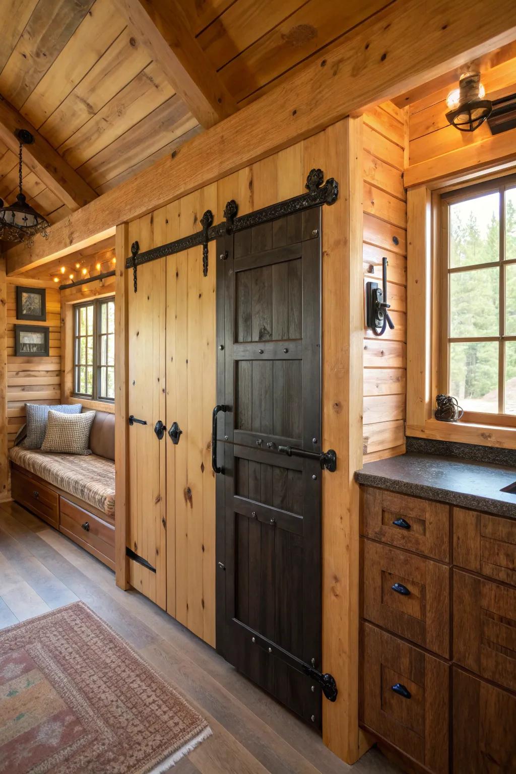 Black iron hardware adds a cohesive, stylish touch to rustic cabins.