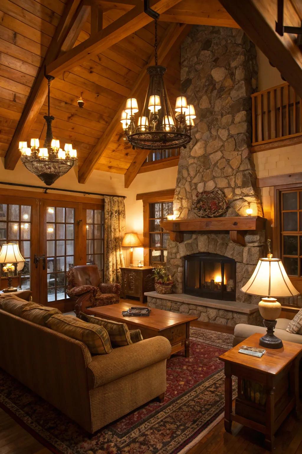 Warm illumination introduces depth and coziness to the cabin's interior.