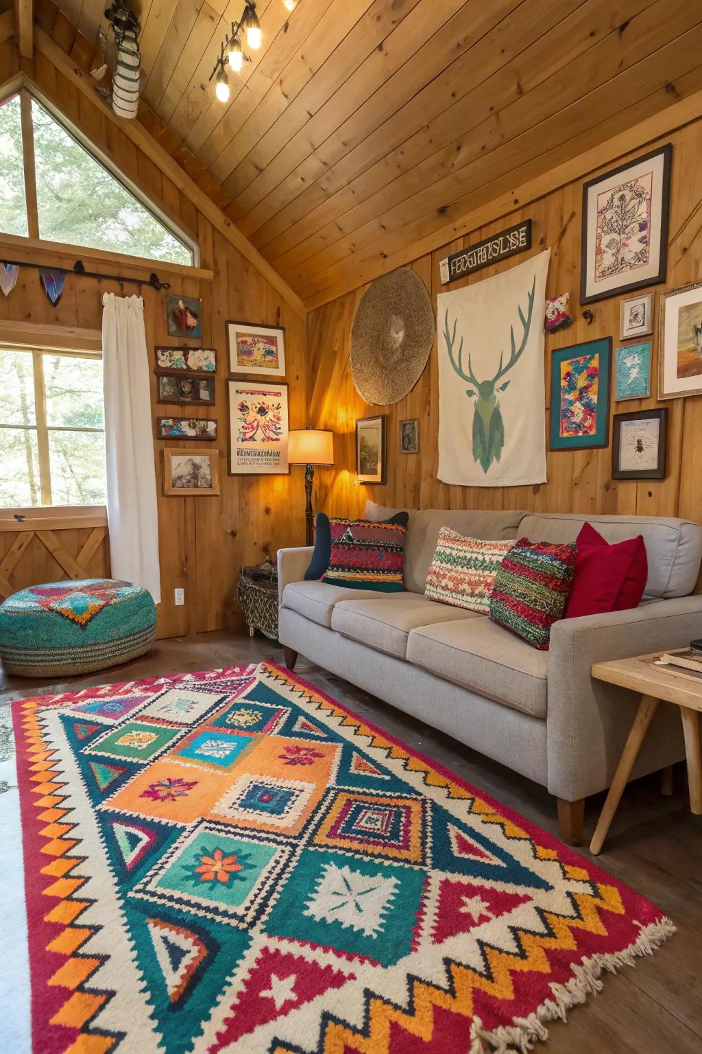 Diverse decor adds persona and heat to the cabin's interior.