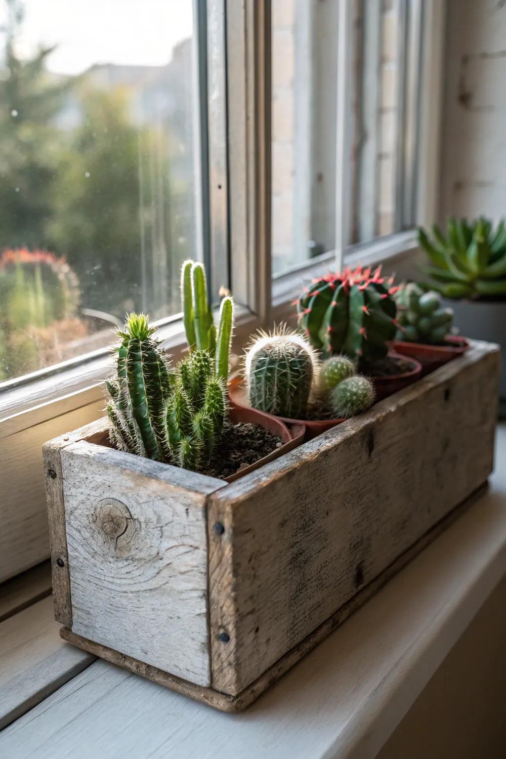 A rustic wooden box planter bringing charm to the window sill.