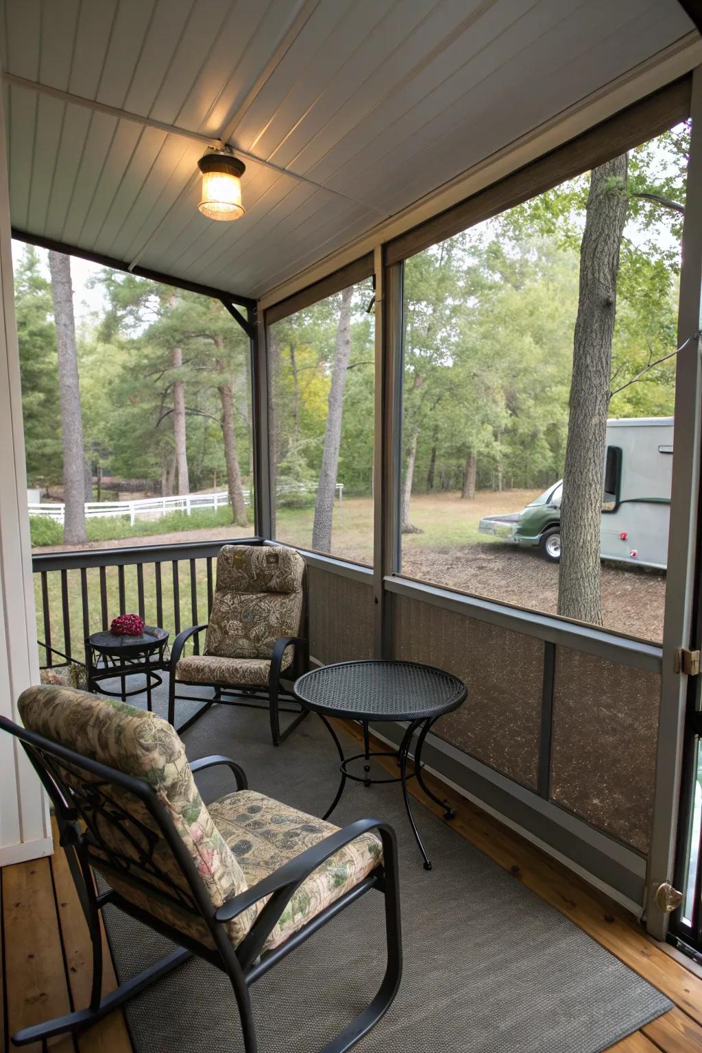An enclosed porch area for insect-free outdoor enjoyment.