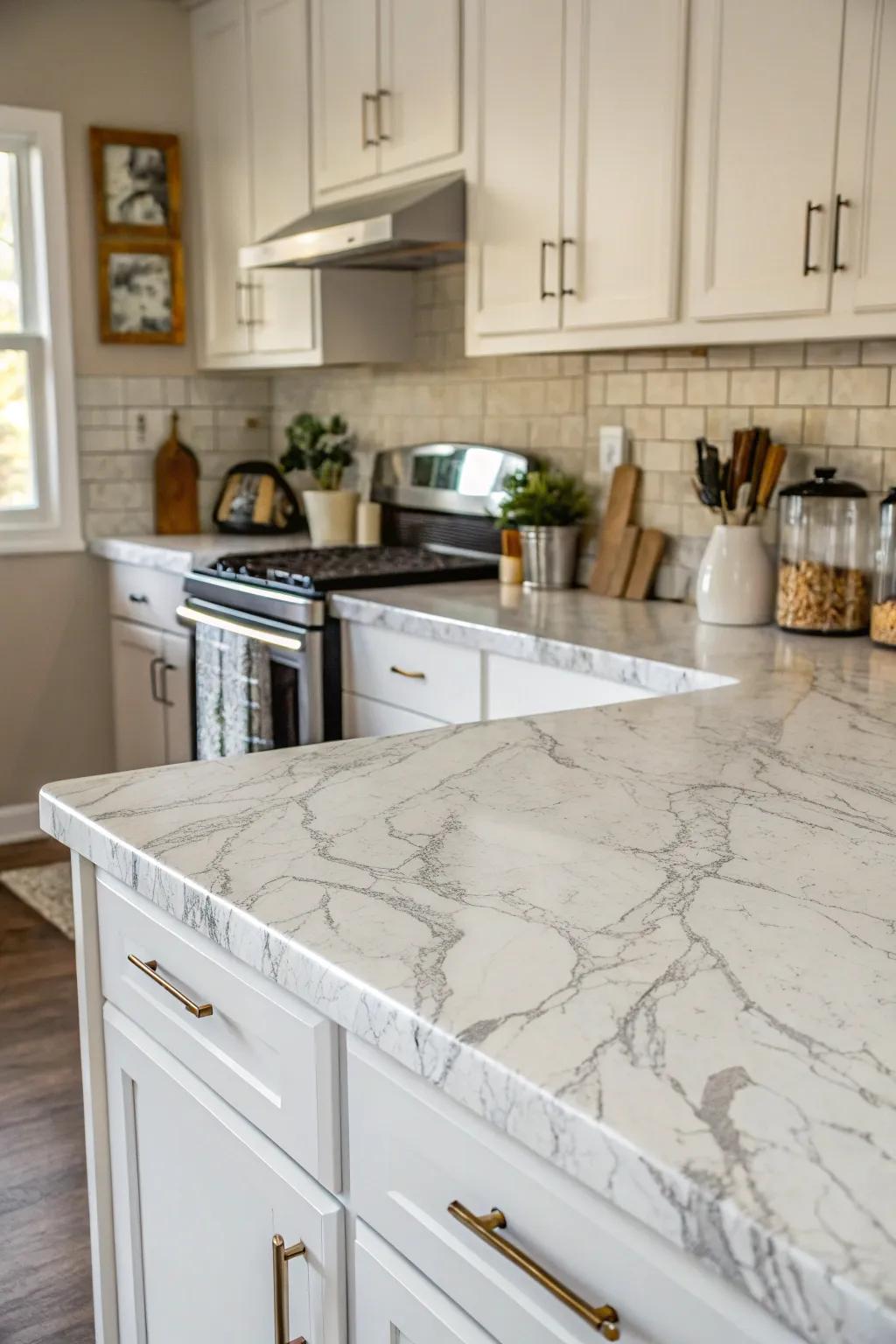 Chic kitchen with contact paper-covered countertops.