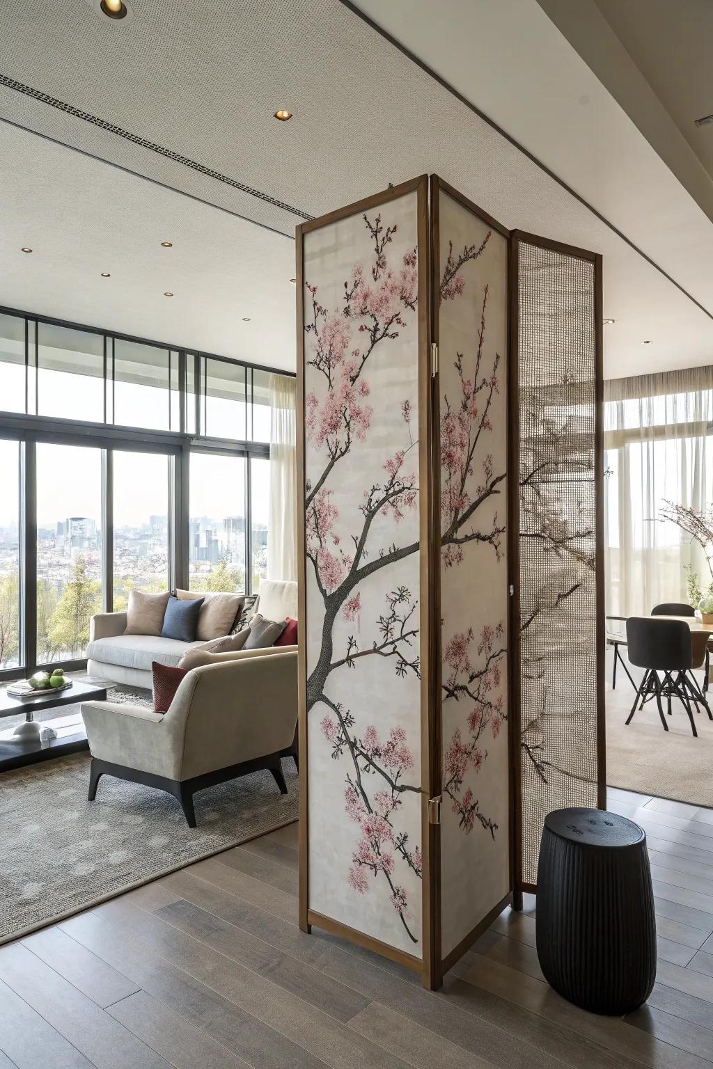 A cherry blossom room divider adds elegance and separation to this space.