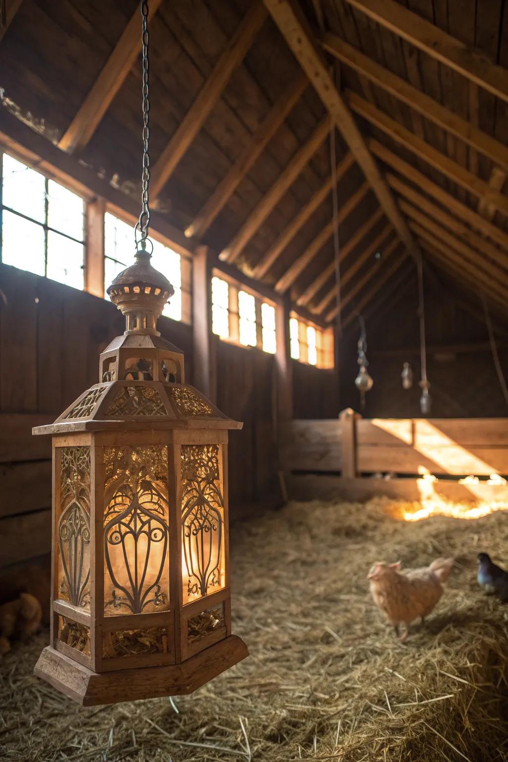 Illuminate your coop with charm: Perfect lighting for happy hens and rustic vibes.