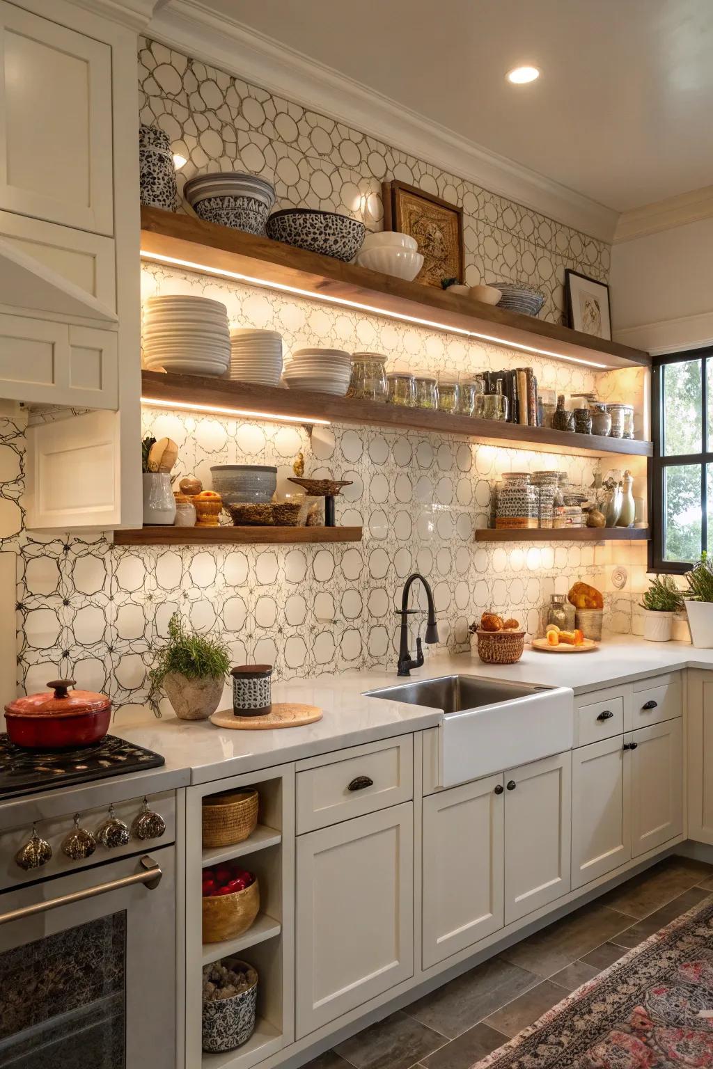 Exposed shelving contributes practical elegance to this traditional kitchen.