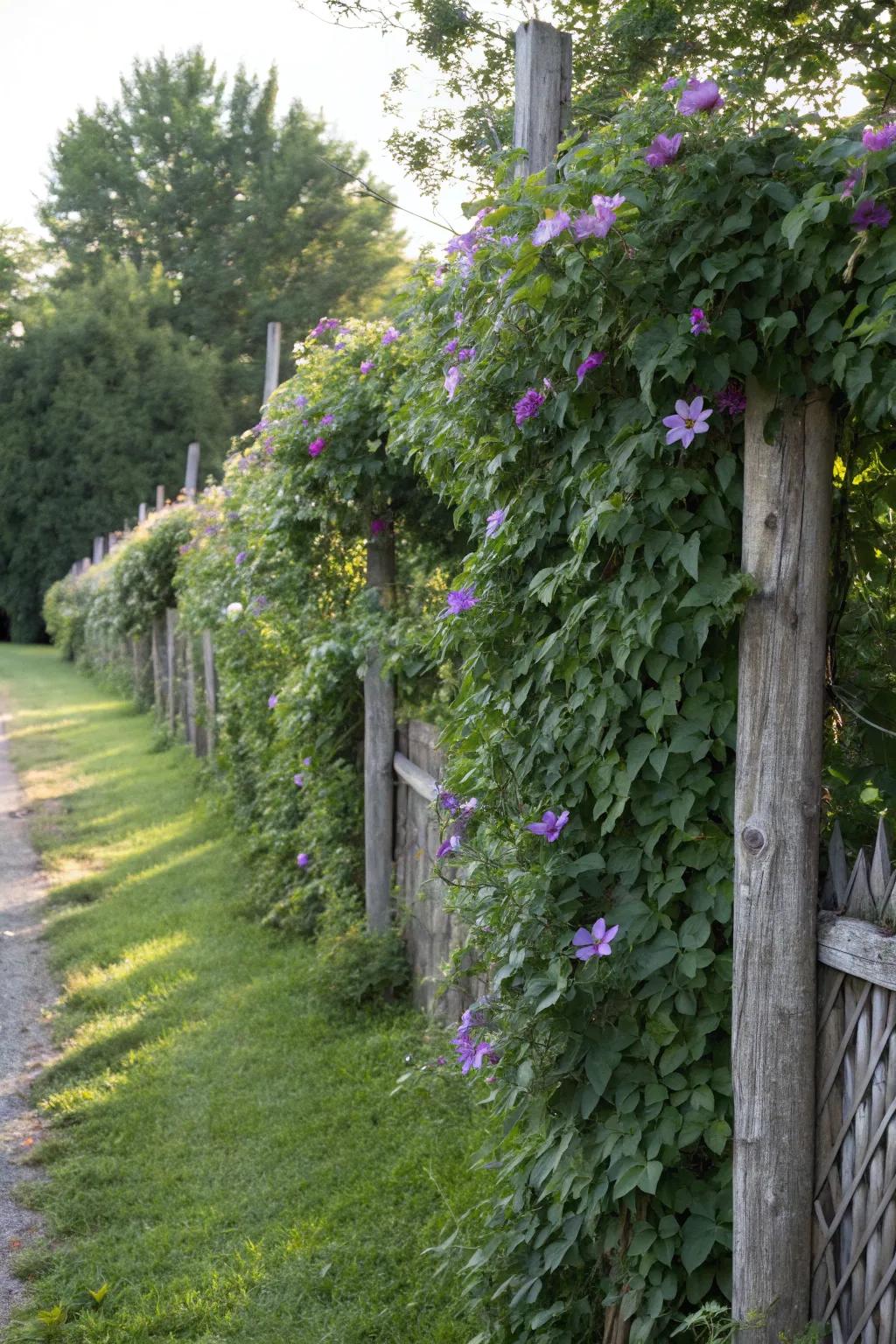 A living barrier trellis incorporates clematis into a functional garden border.