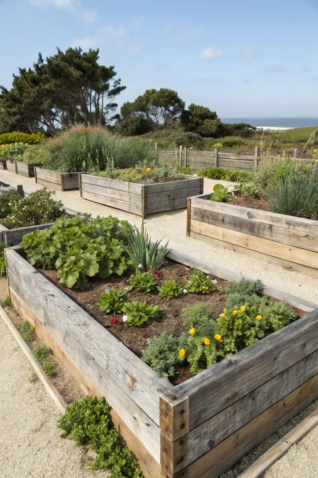Elevated gardens offer organization and elegance in seaside spaces.