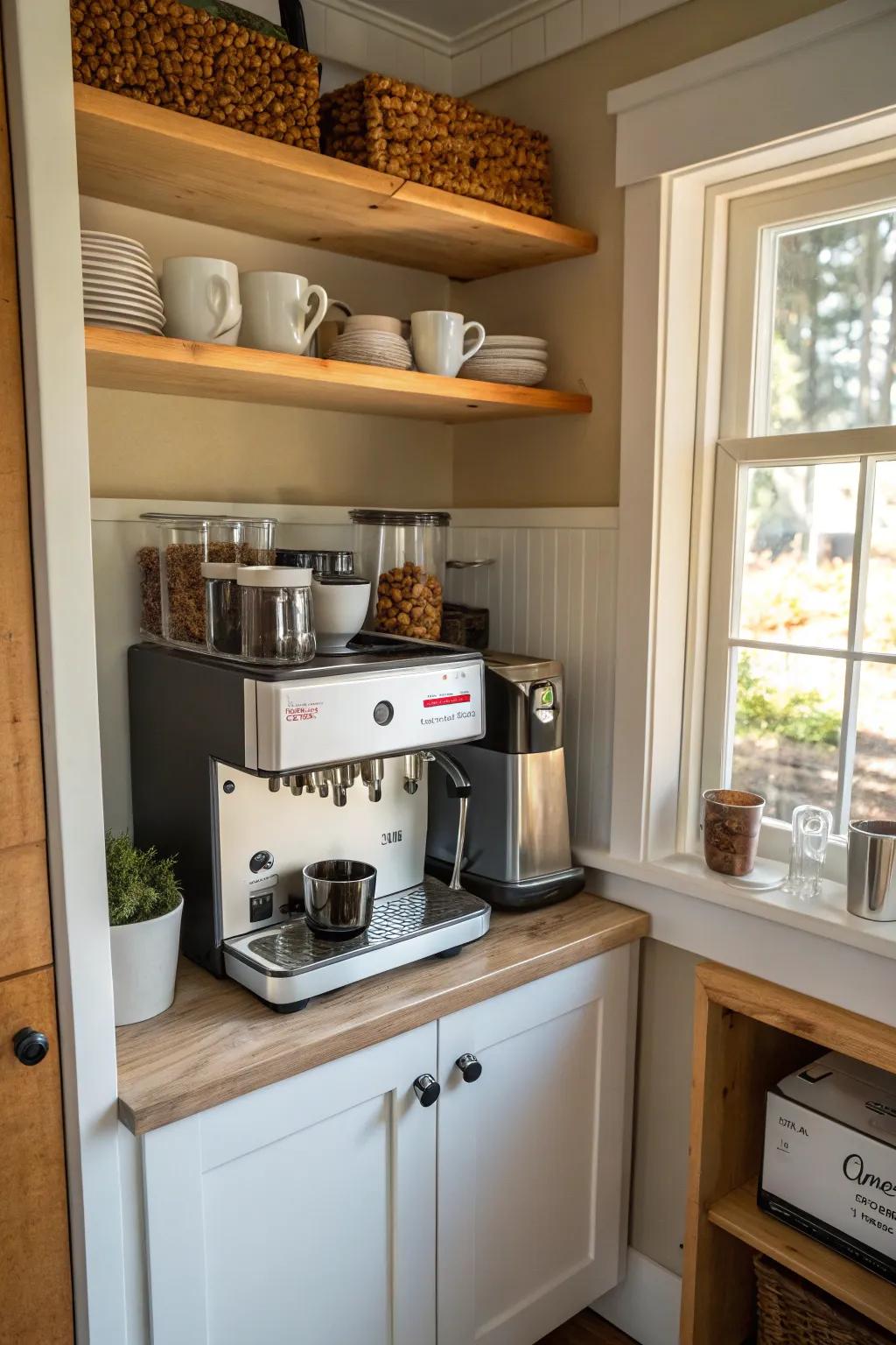 A tiny coffee bar cleverly installed in a kitchen recess.