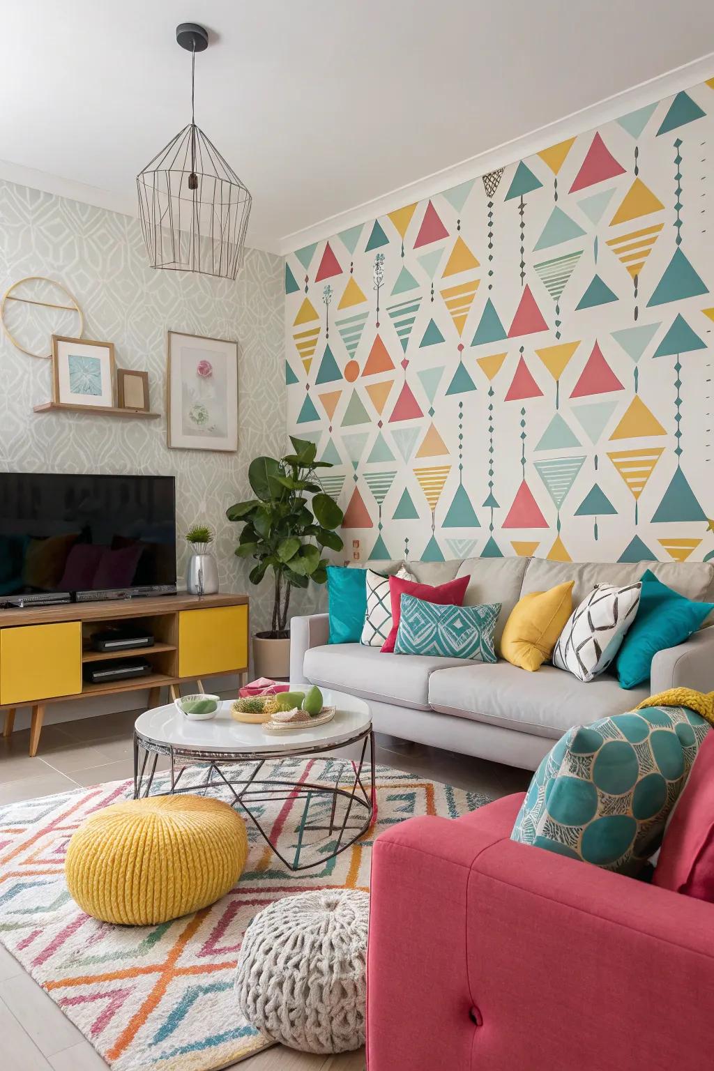 Fun geometric patterns include visual interest to this modern and vibrant lounge area.