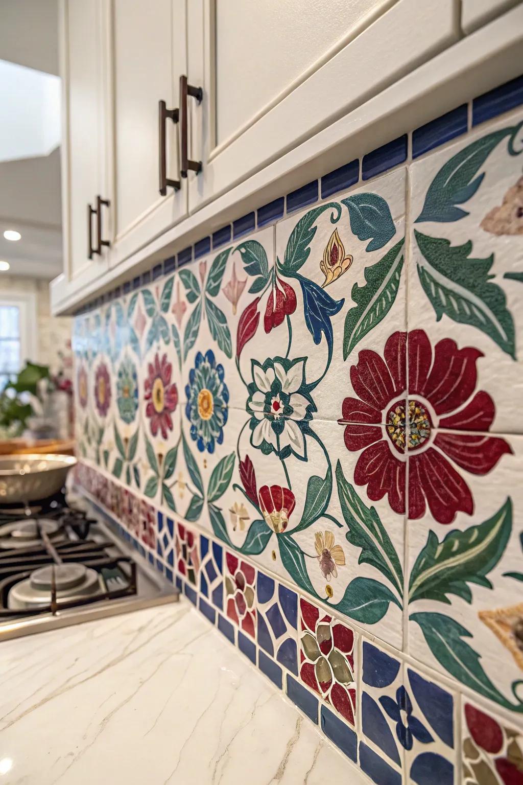 Transform your kitchen into a floral fantasy with stunning mosaic tiles that celebrate nature's beauty.