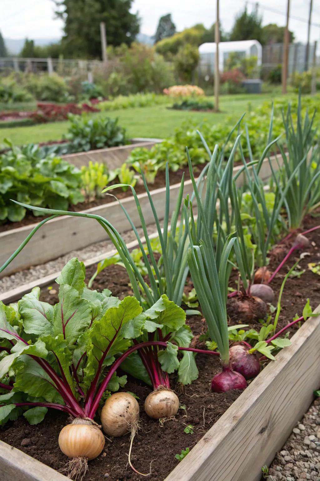 A vibrant and cooperative garden duo: onions and beets.
