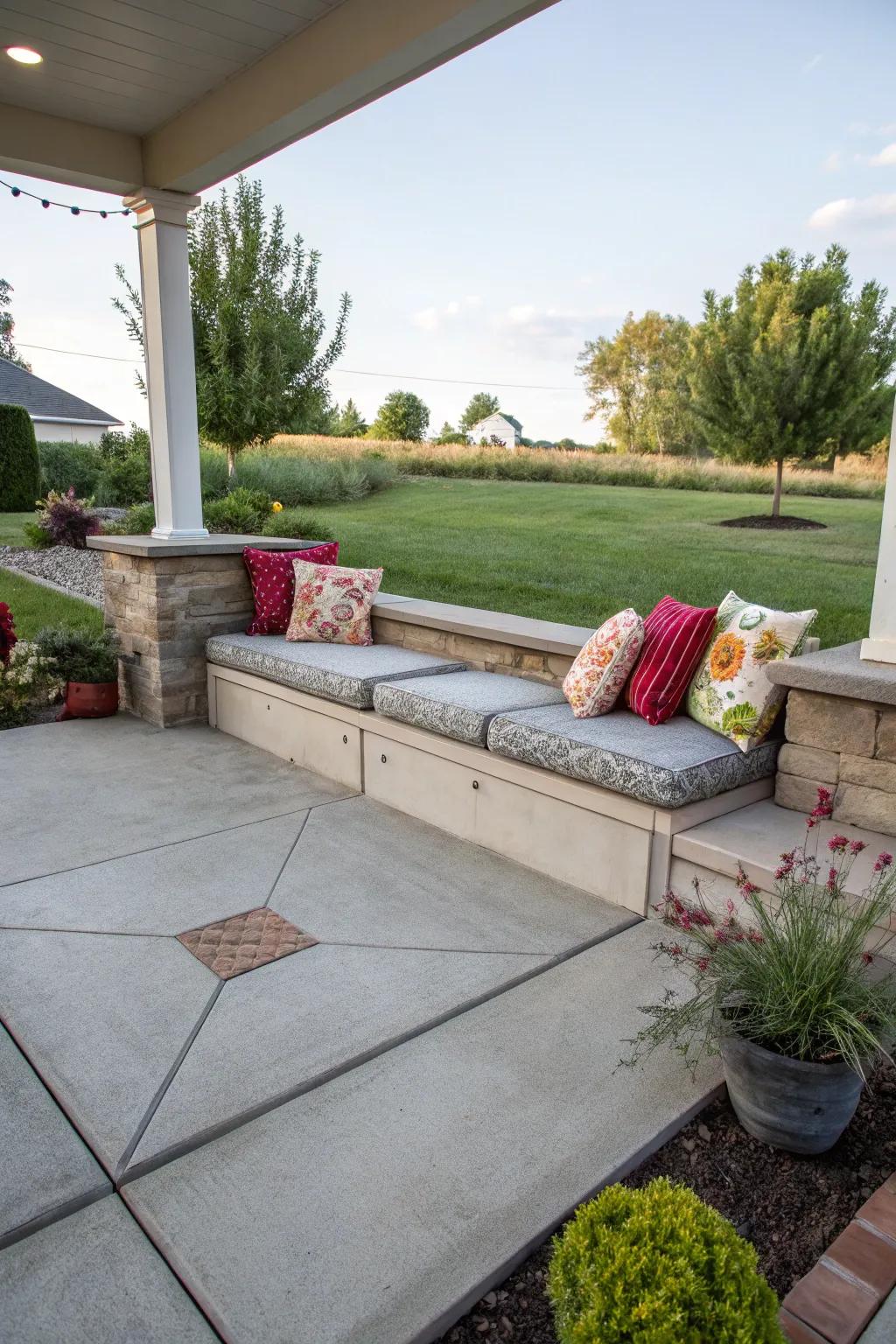 A concrete patio with built-in seating, enhanced with colorful cushions for comfort.