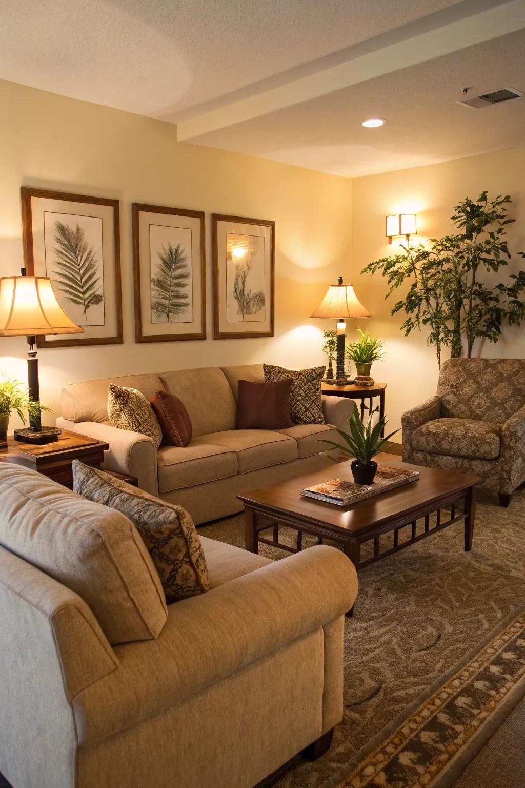 A cozy condo living room with plush seating and warm lighting.