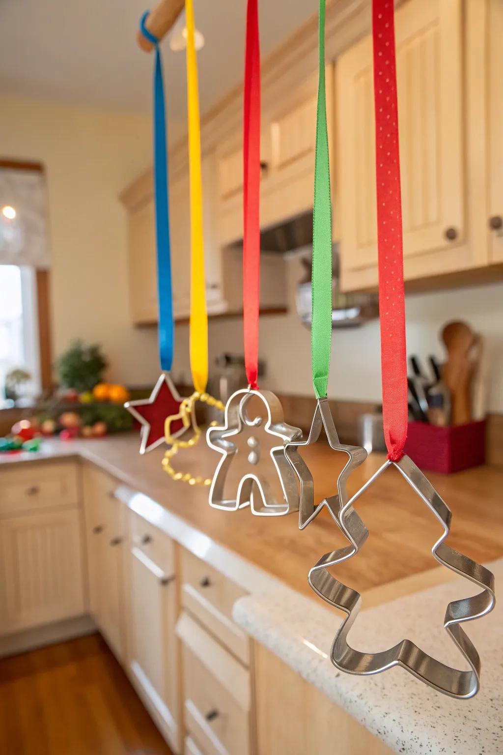Seasonal cookie cutters hanging from decorative ribbons.