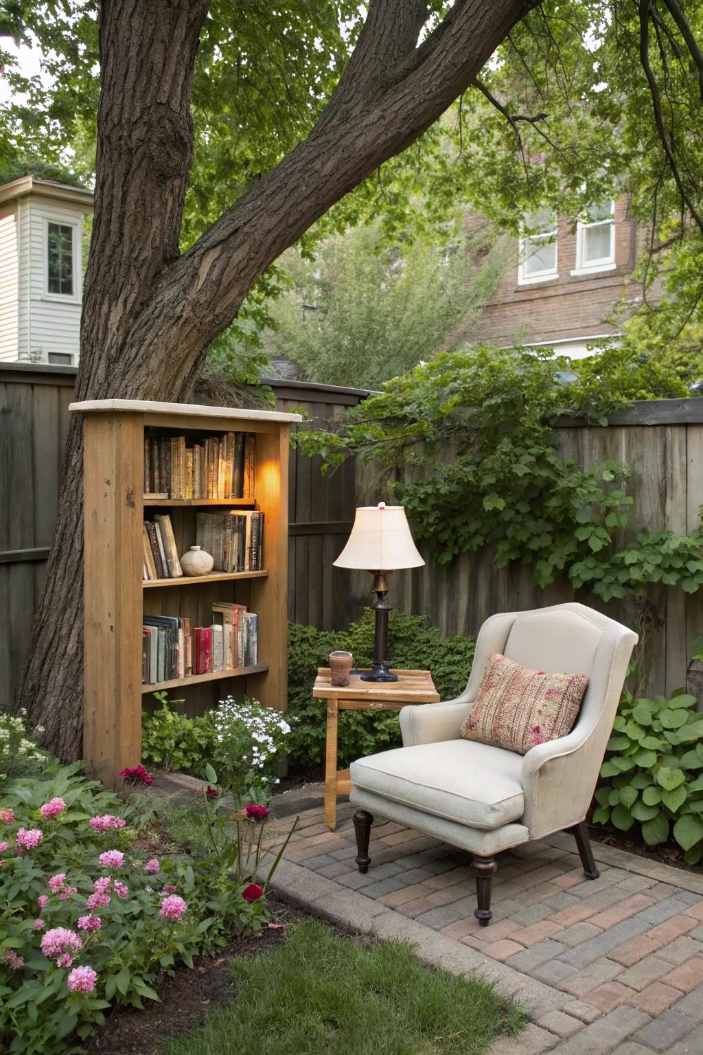 A backyard library corner is ideal for book enthusiasts.