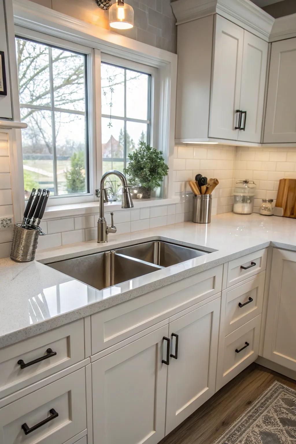 Symmetrical design elements around a corner kitchen sink for a balanced aesthetic.