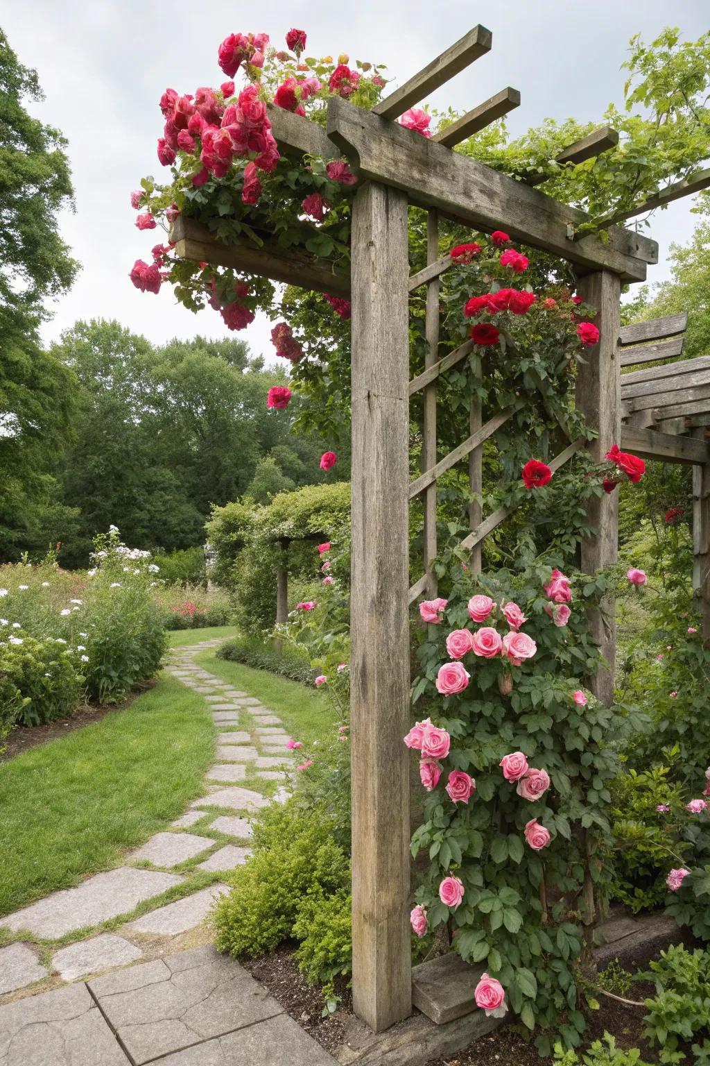 An unrefined trellis bedecked with blooming roses.