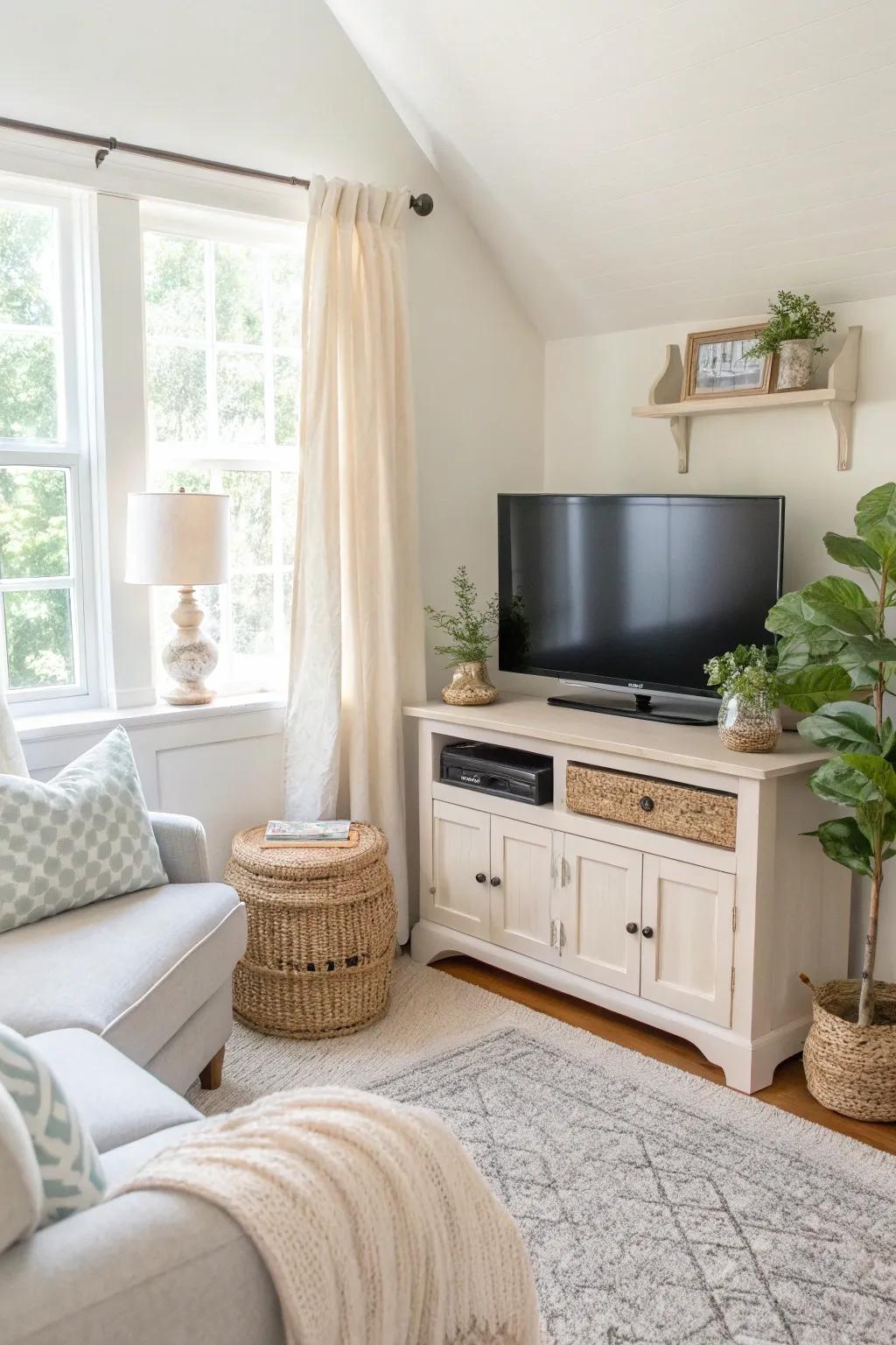 Vibrant hues and natural light fashion an open and inviting corner TV space.