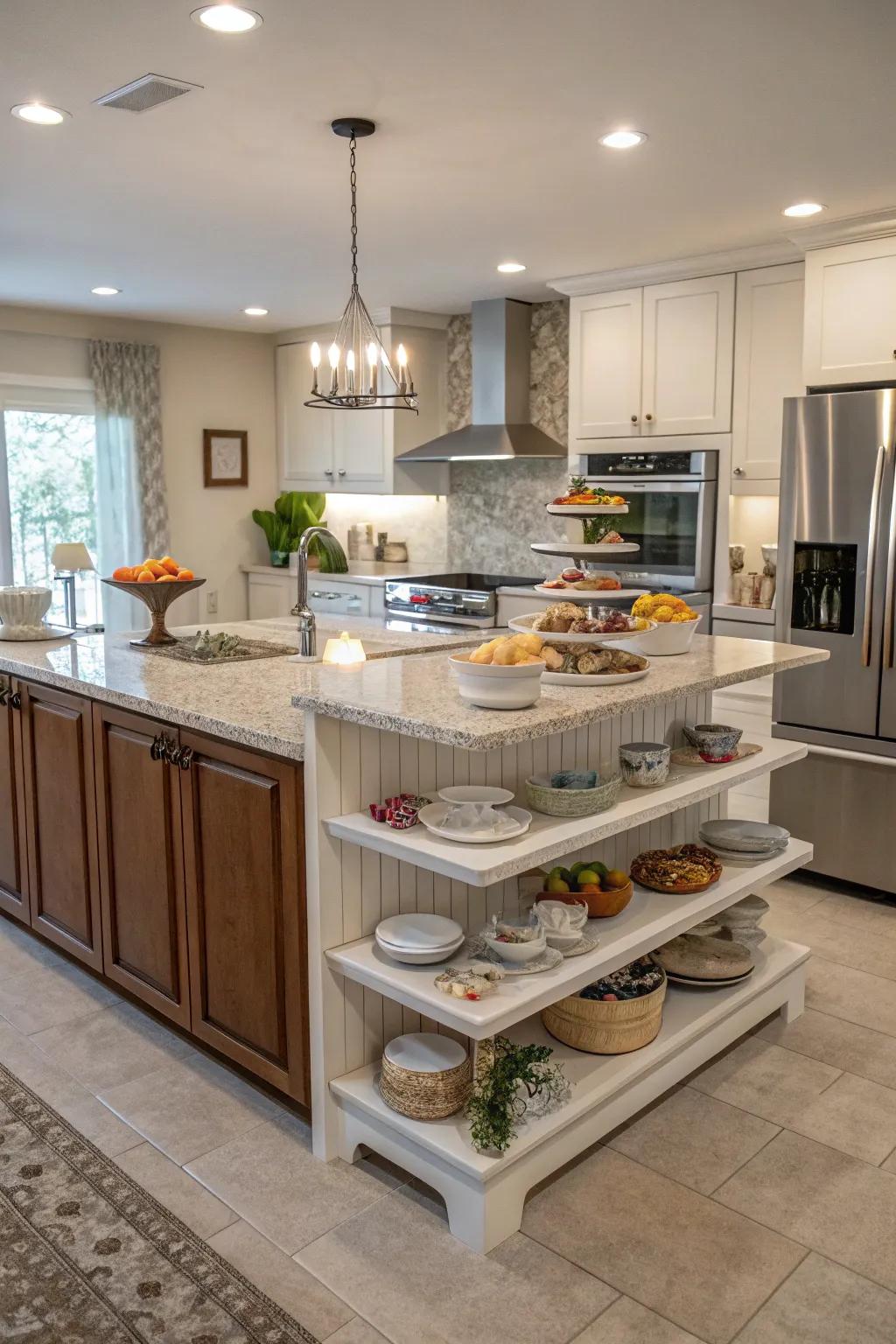 A kitchen with multi-layered countertops for added functionality.