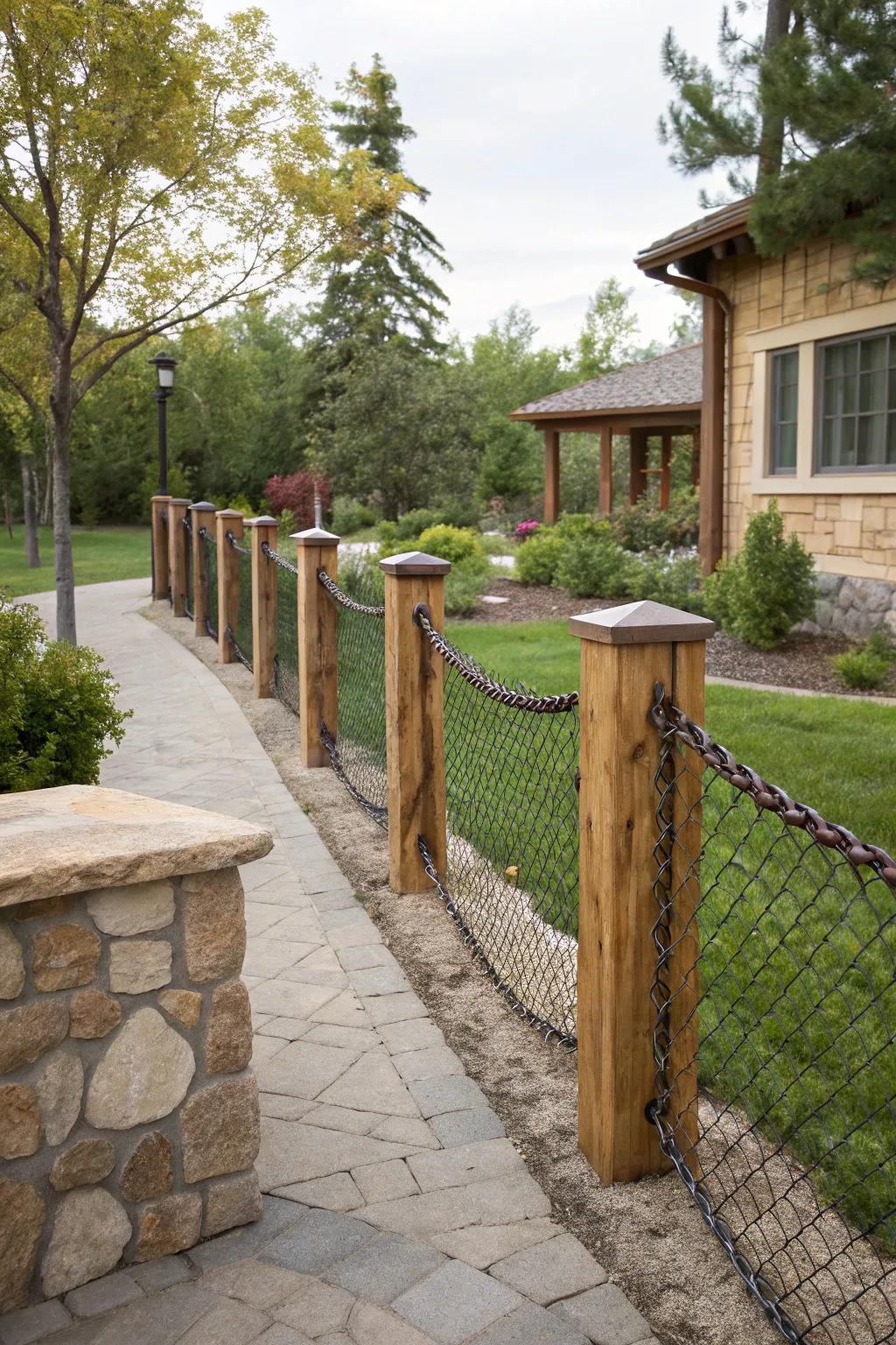 Stone, wood, and link netting come together for a fence that's both stunning and robust.