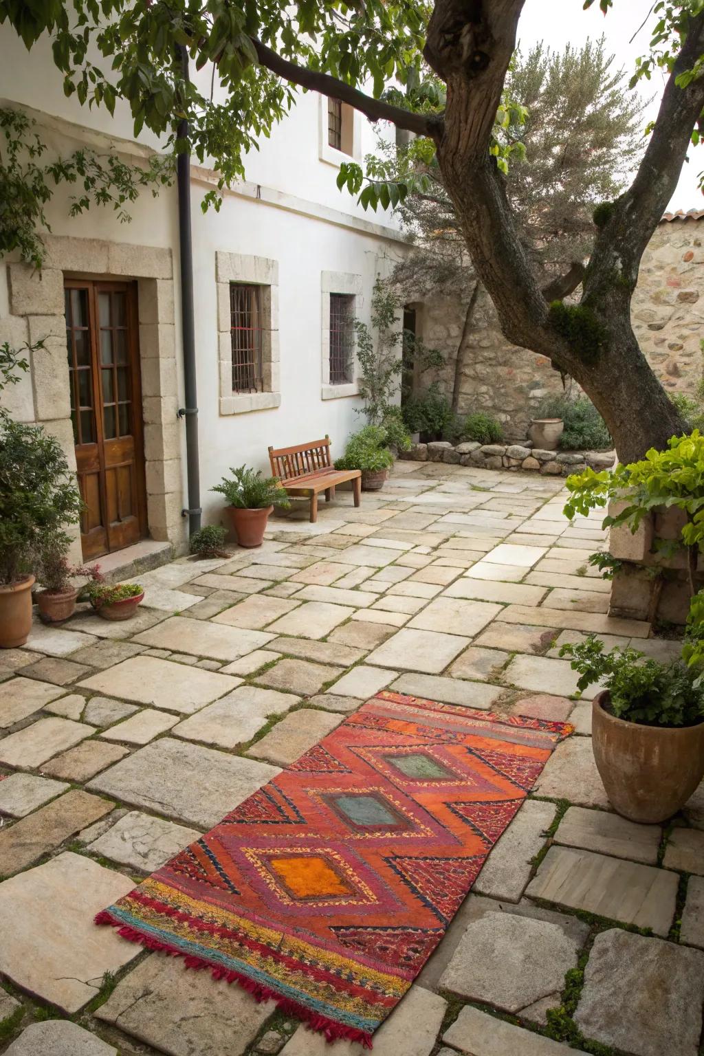 Utilize outdoor rugs to cultivate a cozy vibe on your courtyard pavers.