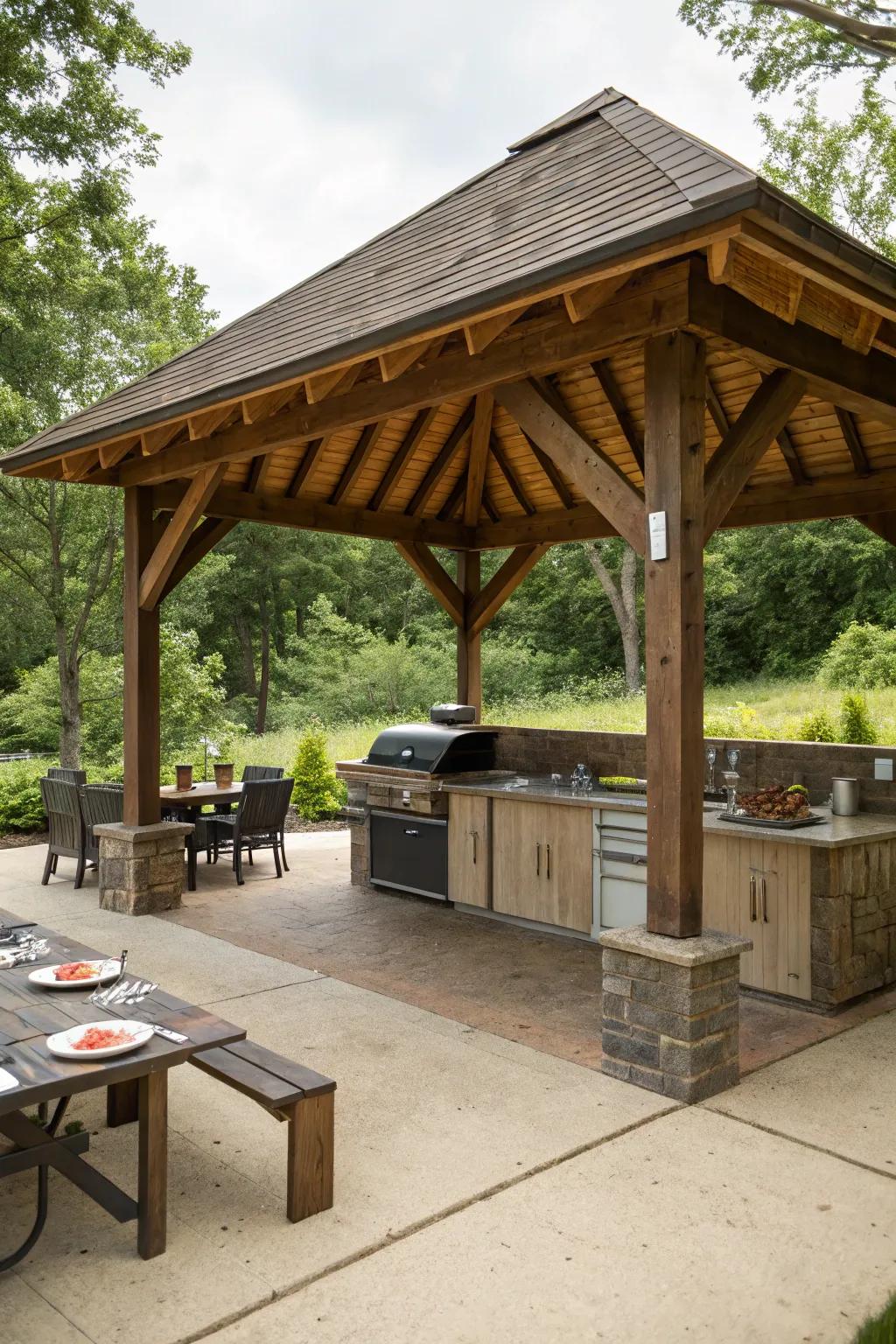 A grand pavilion-style shelter creating an open-air grill experience.