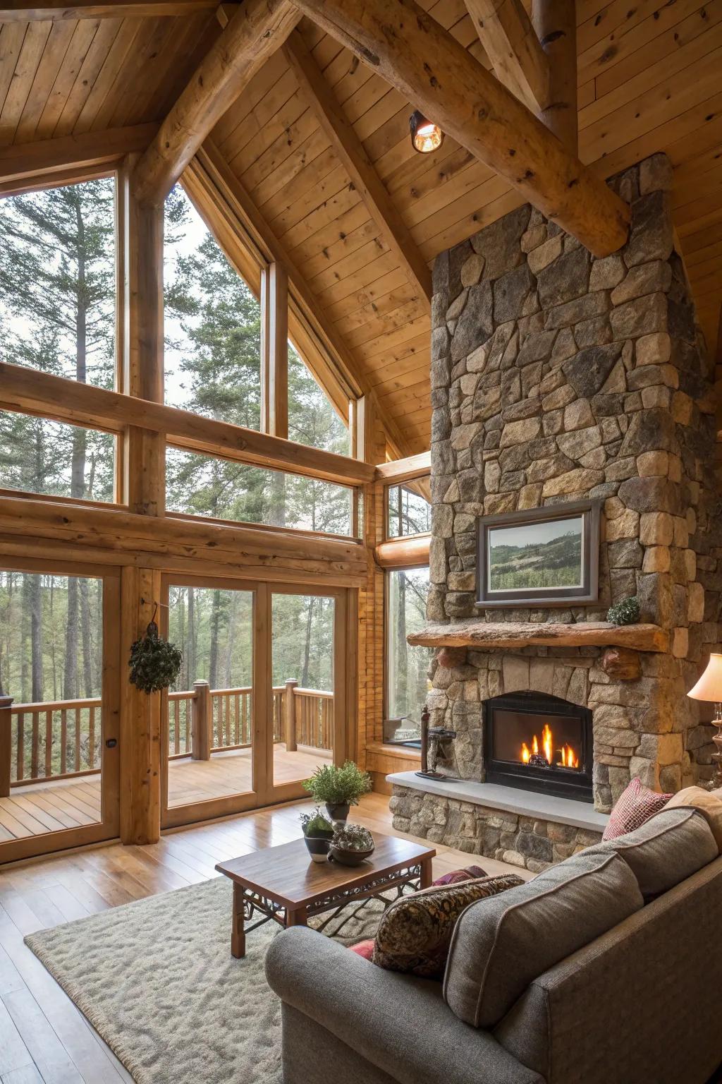 Open spaces in a log cabin interior enhance the feeling of airiness.
