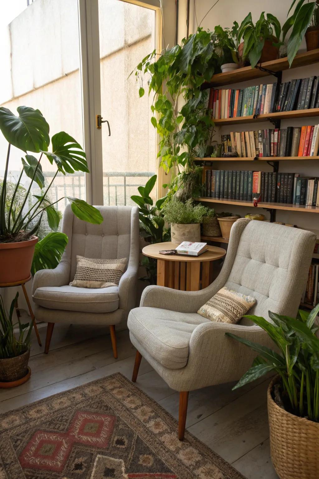 Houseplants give an invigorating and refreshing touch to a cozy reading corner.