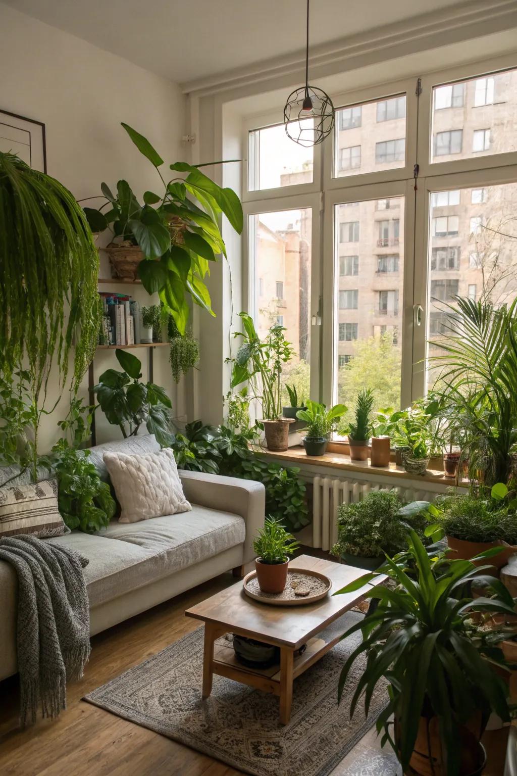 Greenery bringing life to a studio apartment.