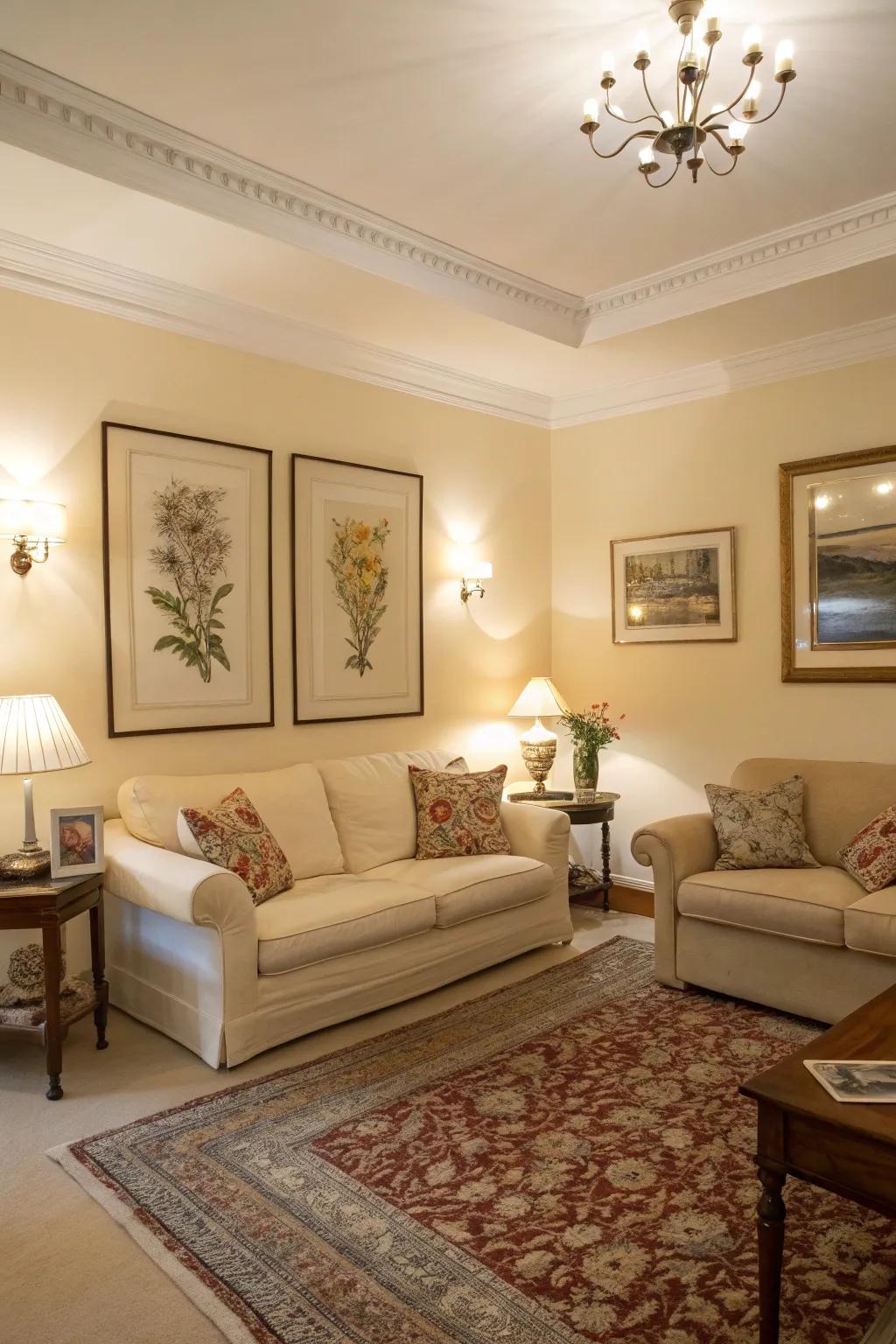 Wall art completes the elegant look of cream interiors.