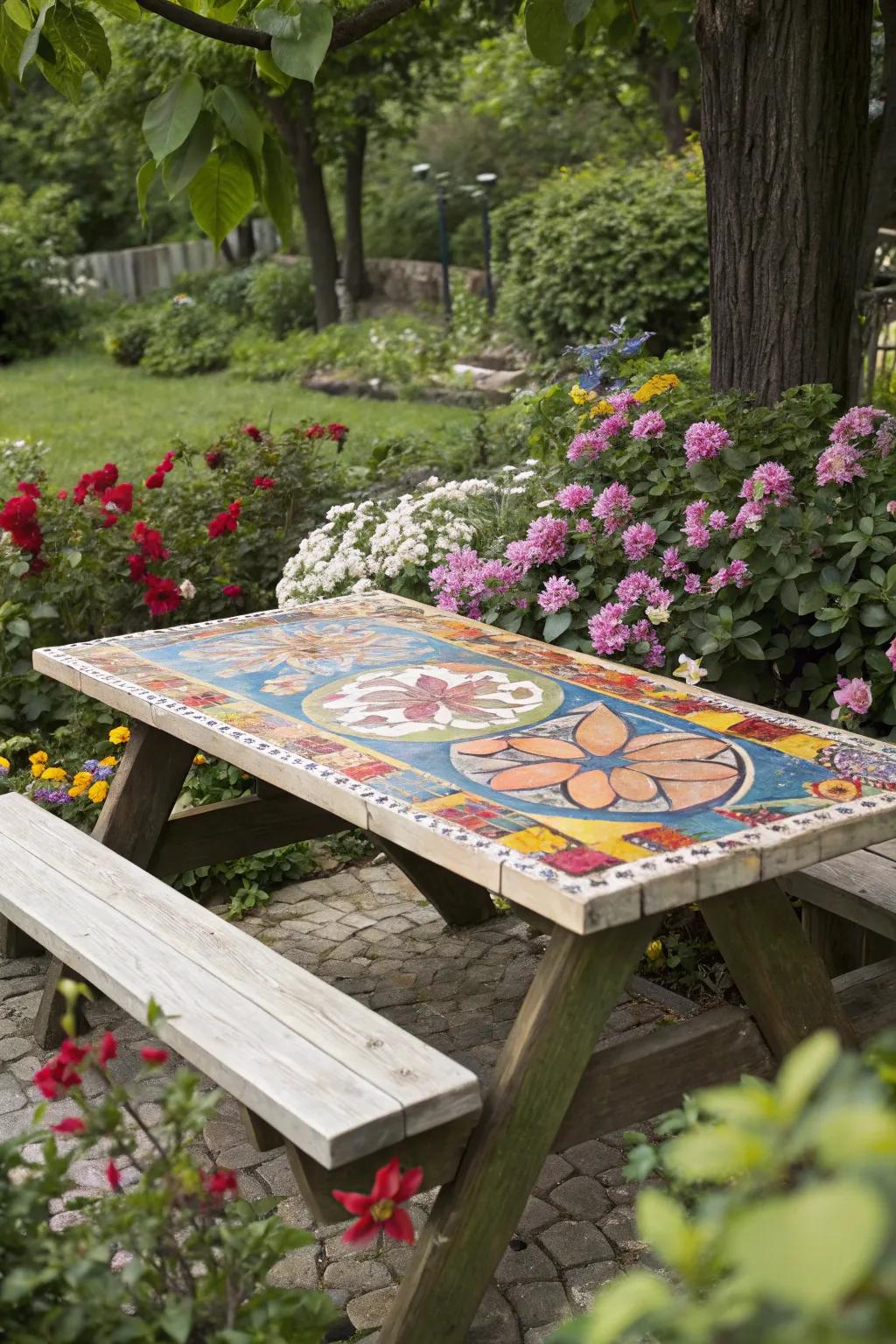 A vibrant mosaic picnic table, bringing art and color to the outdoors.