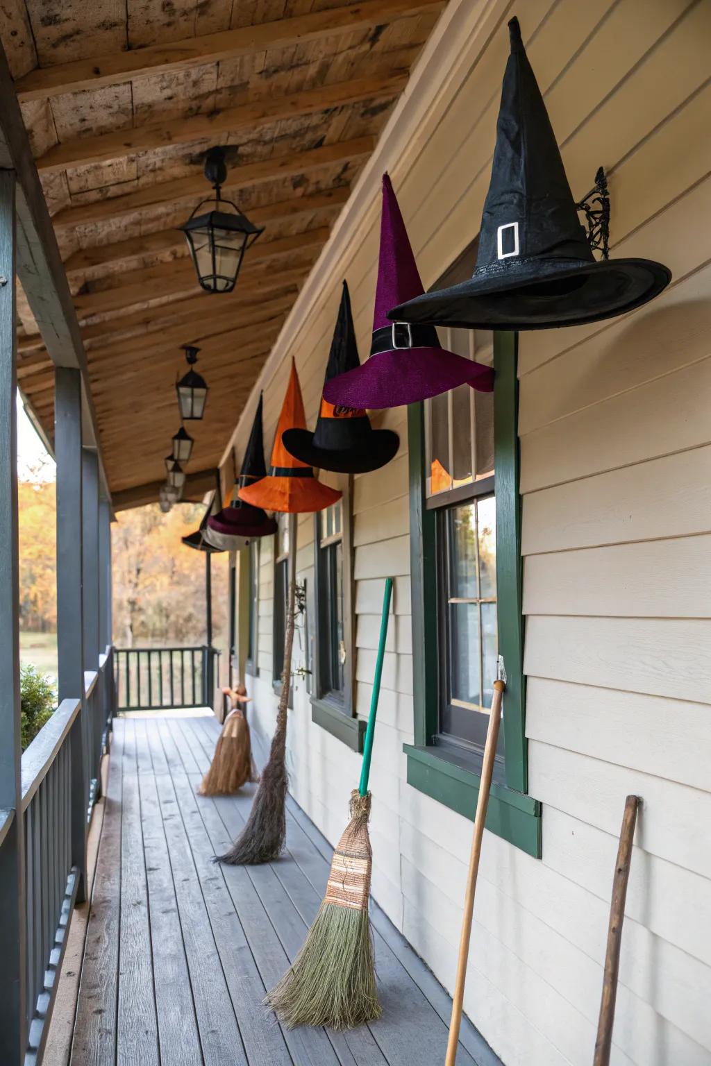 A magical spell is cast by wizard hats and broomsticks.