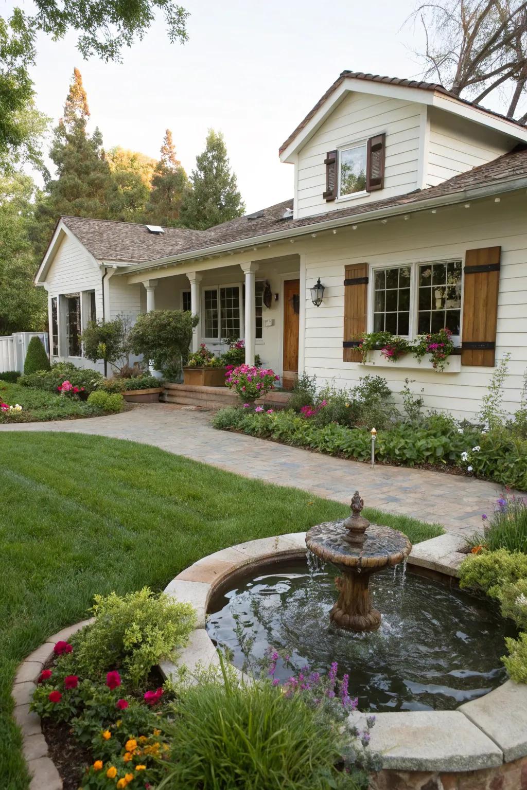 A water feature adds tranquility and charm.